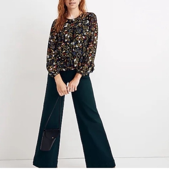 Madewell Finch Floral Black Sheer Sleeve Ruffle Peplum Top XL - Picture 1 of 9